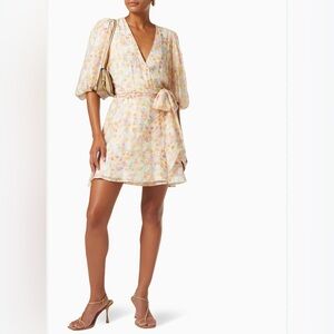 Mink Pink Elvire pastel floral mini wrap dress puff sleeve Wedding Guest Party